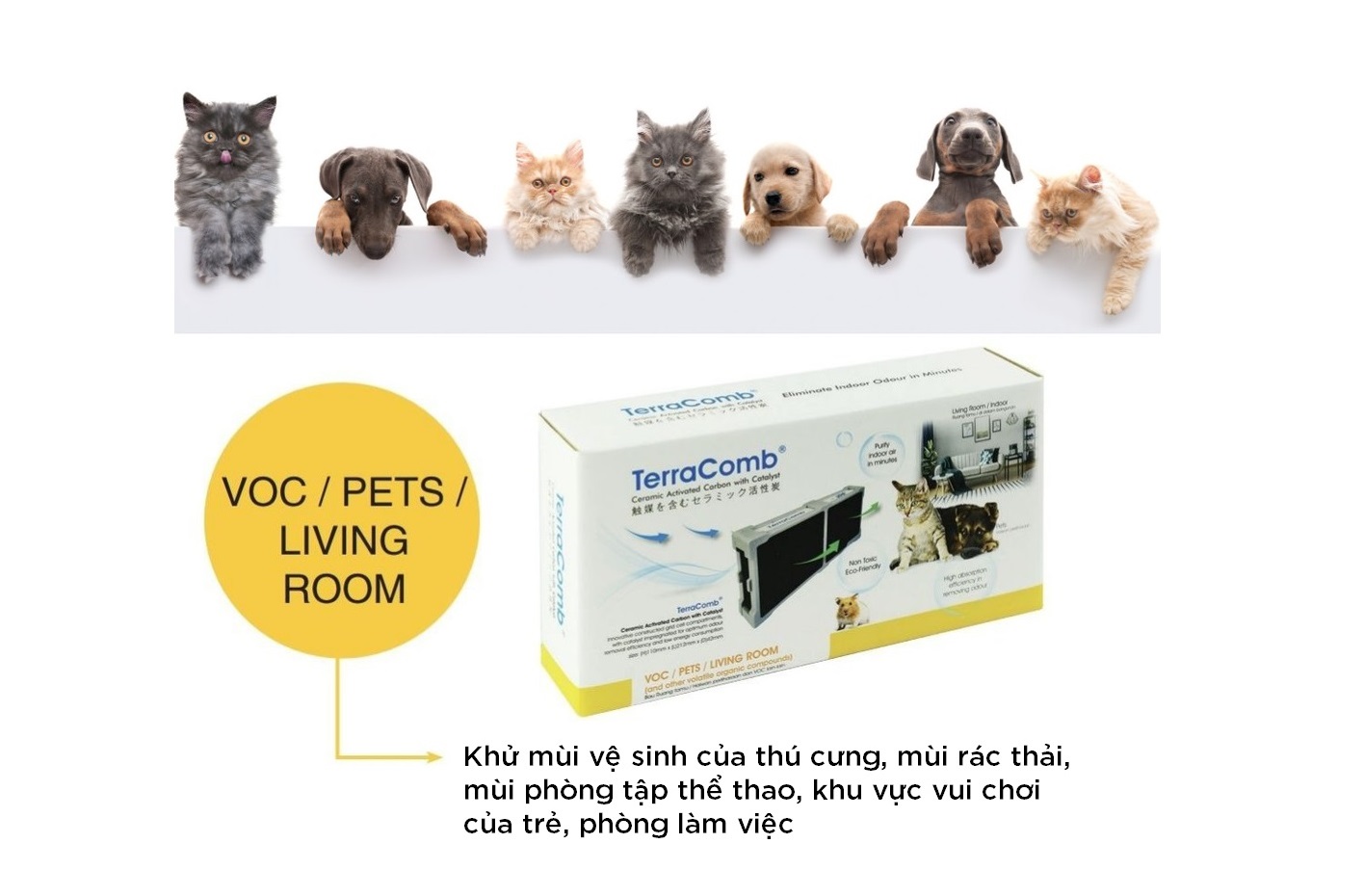 Bộ lọc TerraComb khử mùi nhà vệ sinh, mùi chó mèo, phòng tập thể thao | TERRACOMB VOC / PETS / LIVING ROOM